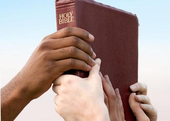 Hands of various races of people grabbing a Bible.