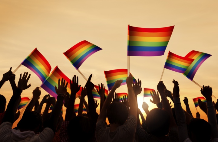 People waving gay pride flags.