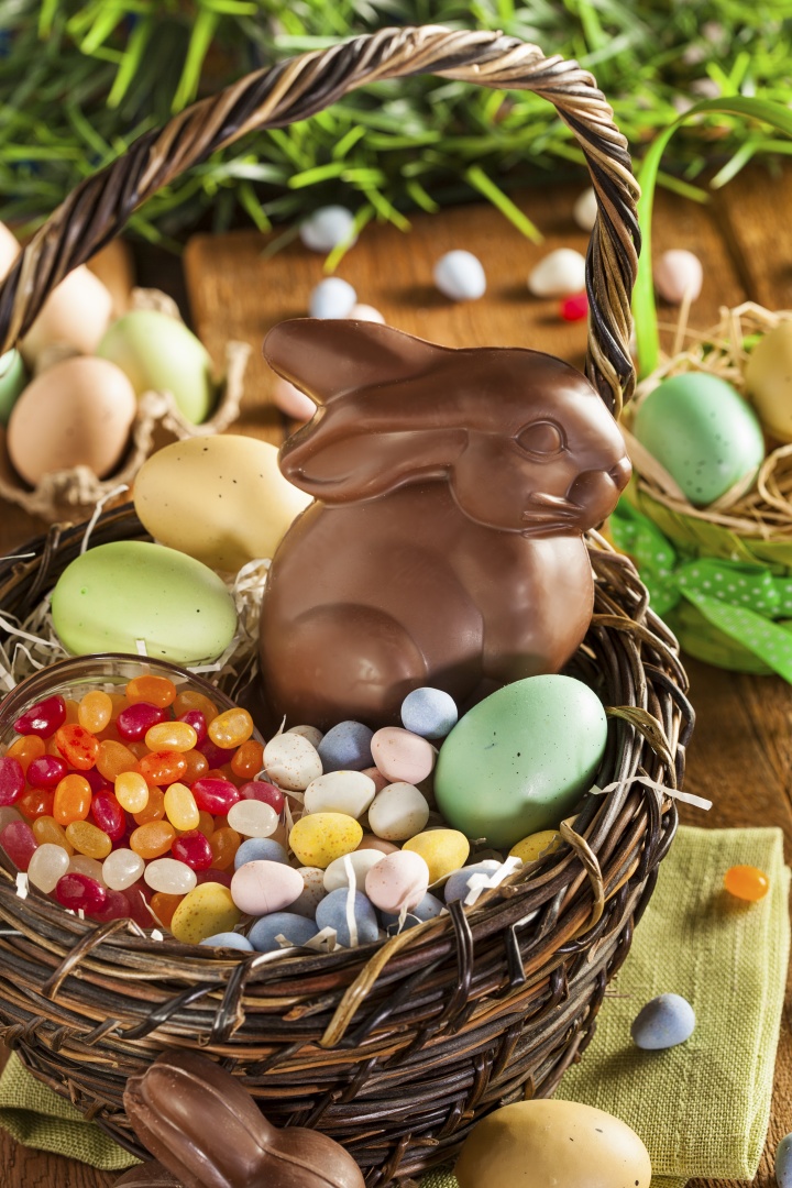 Chocolate Easter bunny in basket.