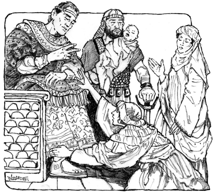 Illustration of Solomon with the two women and baby.