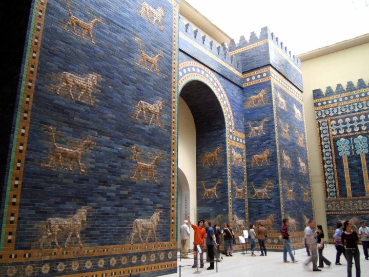 Photo of the reconstruction of the Babylonian Ishtar Gate in the Pergamon Museum, Berlin.