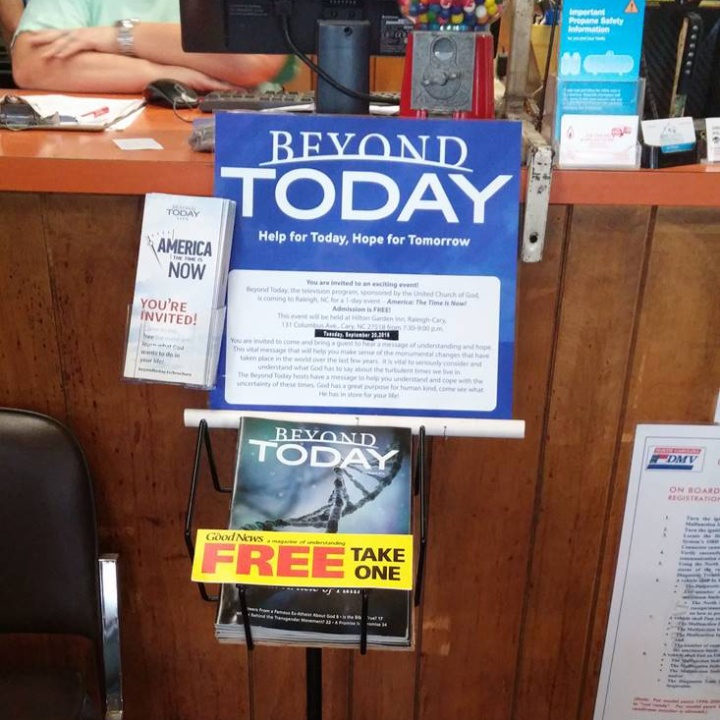 A display in a store of the Beyond Today magazines and Beyond Today Live event brochures. 