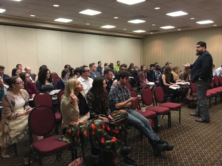 Ben Light, an elder from the Salem congregation, speaking at the teen and young adult Bible study on the Sabbath.