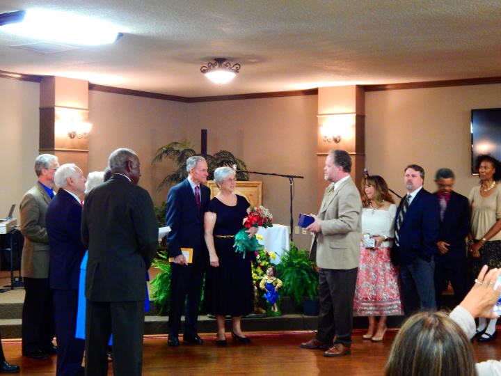 David and Sandy Mills are honored during church services for 54 years of service. 