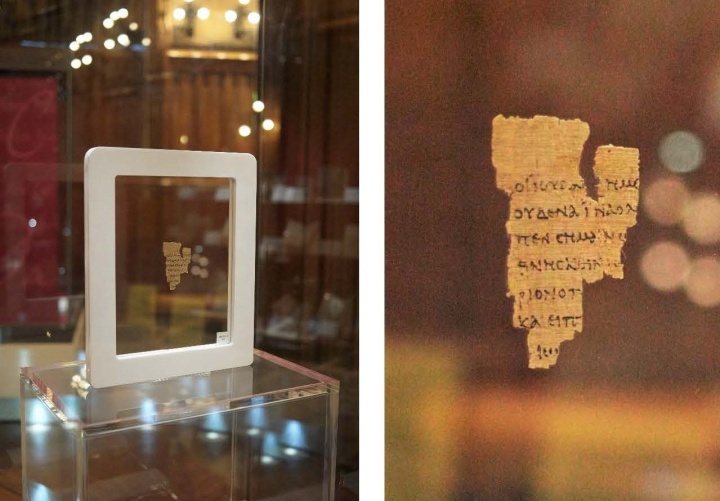 Rylands Greek P 457, the St. John Fragment, on display in the Rylands Gallery at John Rylands Library in Manchester, England (photo courtesy Rylands imaging).