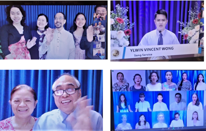 Clockwise from upper left: Bong and Grace Remo and family, song services, virtual choir, Rey and Cynthia Evasco.