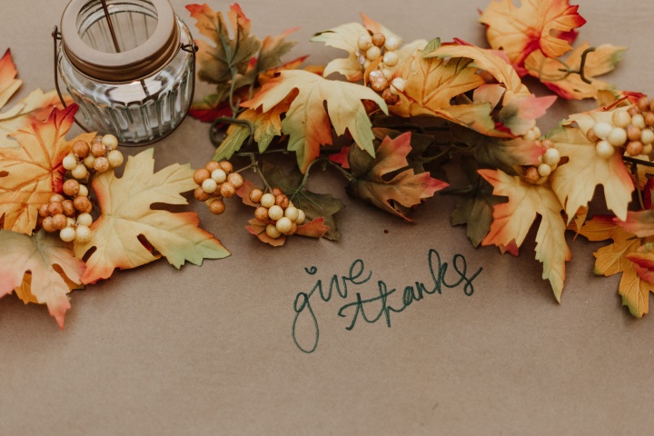 Photo of autumn leaves and words, give thanks
