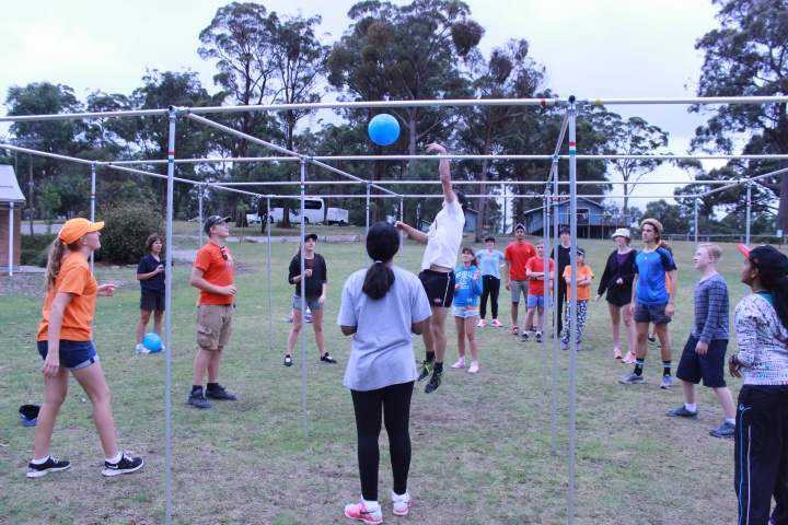 Campers play the game nine square in the air at the Australian Summer camp at Camp Wombaroo.