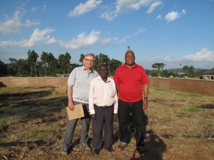 Site of new Blantyre church building: Victor Kubik, Dickson Chiwaya (construction supervisor) and pastor Gracious Mpilangwe.