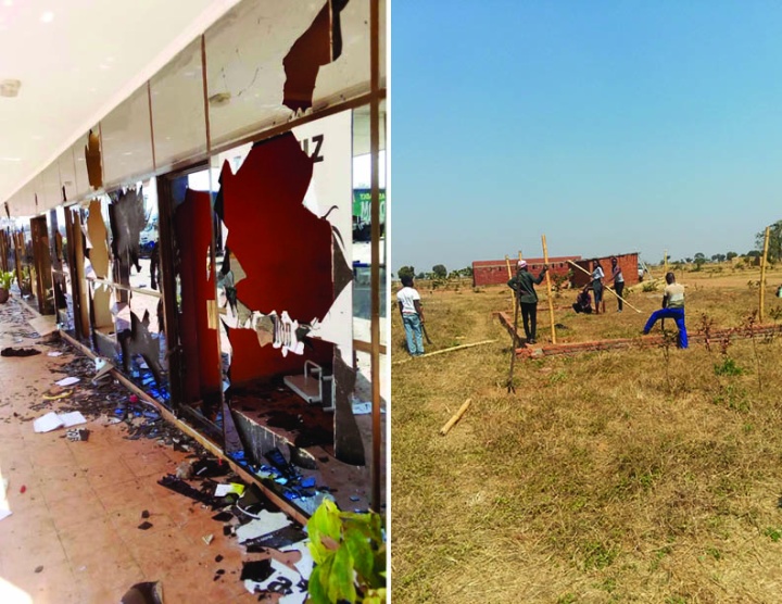 In Malawi: The aftermath of "peaceful demonstrations" (left), while a few miles away, young adults are hard at work constructing a temporary kitchen area for camp next week (right).