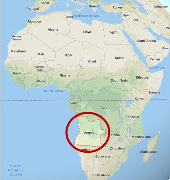 The location of Angloa in the contitent of Africa.