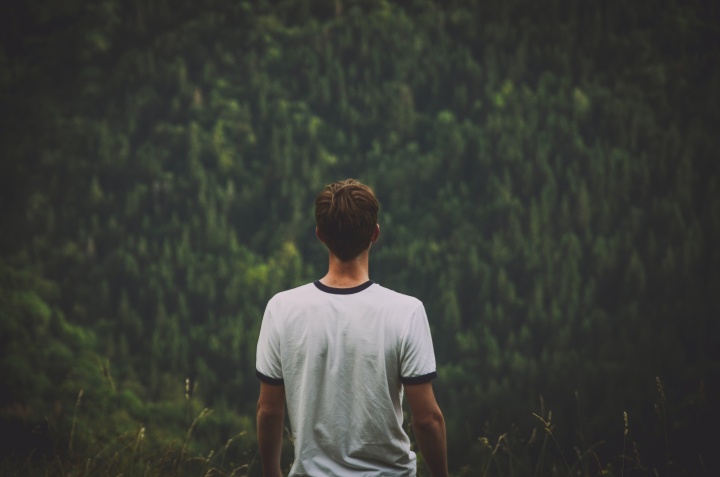 Photo of man in white t-shirt looking over wilderness.