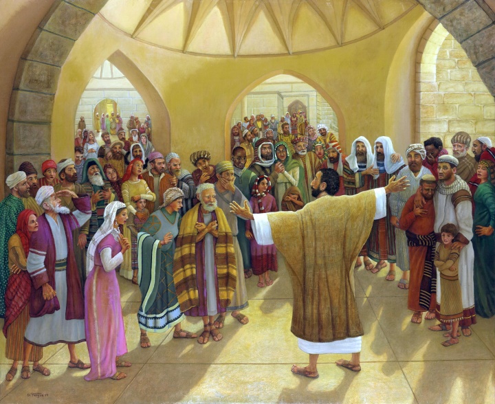 Depiction of Peter's sermon on Pentecost by David Teague. Original painting at the home office.