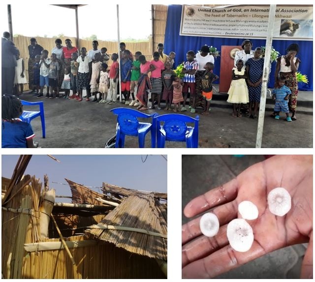 Top: Blessing of 24 little children; Bottom: Damage from destructive rain, wind and hail; hailstones pictured.