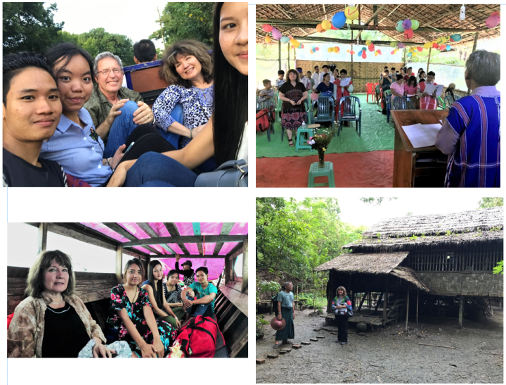 Clockwise from top left: Tuk-tuk in Myanmar; Sakhangyi church from the stage; a home in Sakhangyi; inside the boat to Sakhangyi.