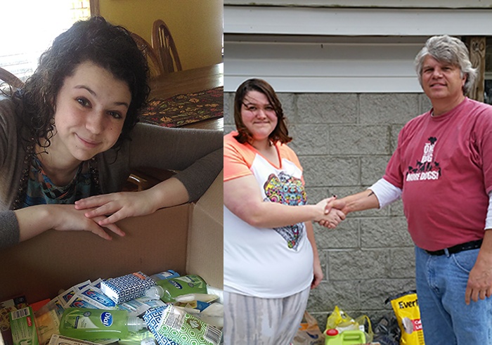 On the left is Ashleigh Call and her box of toiletries she will donate. On the right is Erica Call with one of the shelter workers. 