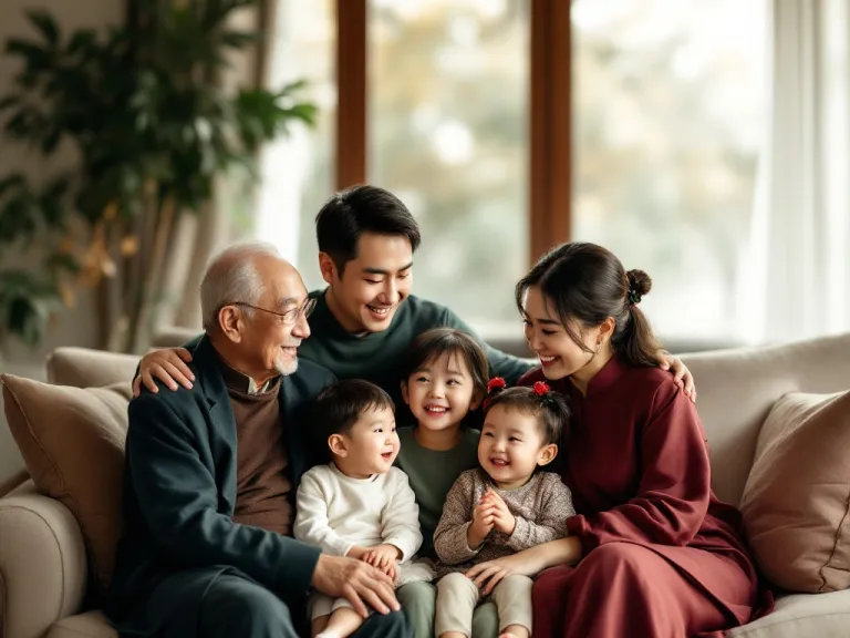 a family of six seated on a sofa