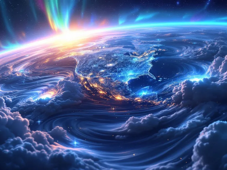 clouds, whirlwinds, waves and light sweeping across a partially-formed planet earth