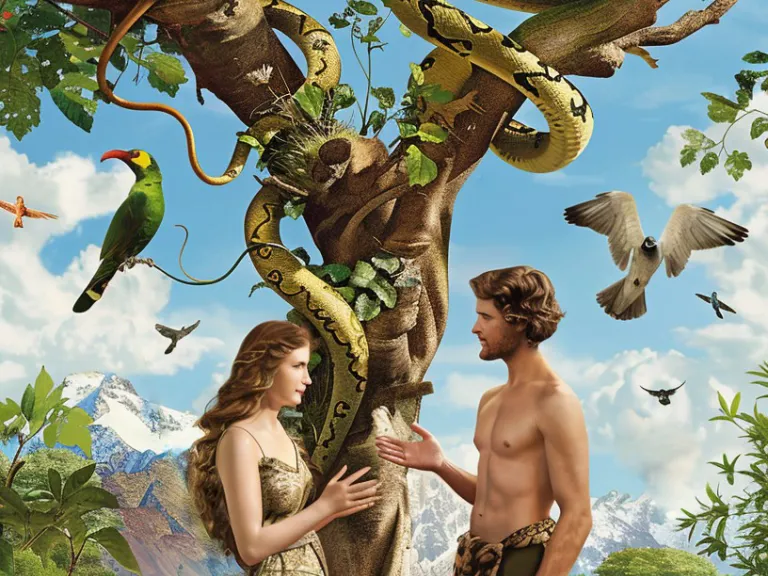 Adam and Eve in the garden of Eden surrounded by animals and standing in front of a tree with a snake.