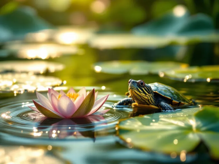 a turtle, a lotus flower, and several lilypads floating in a pond
