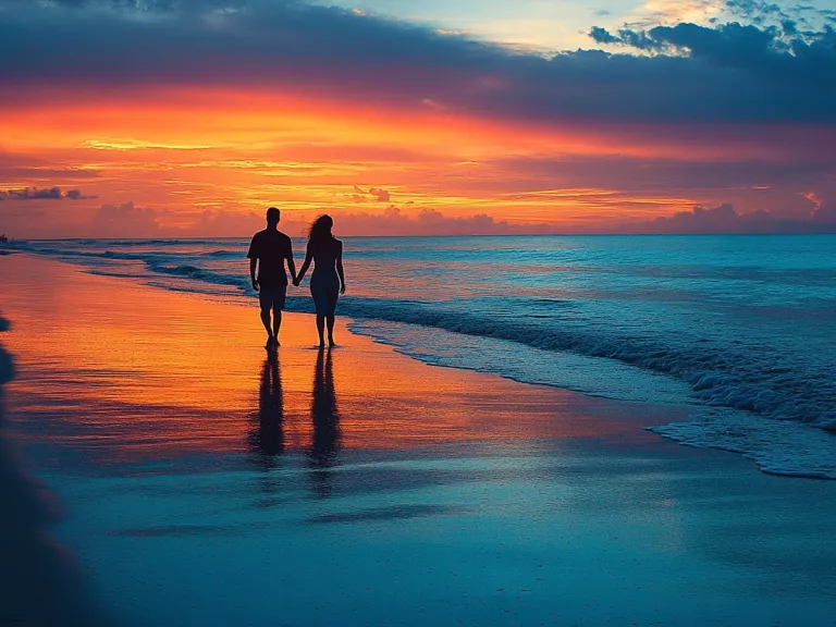 a man and a woman walking on the beach at sunset