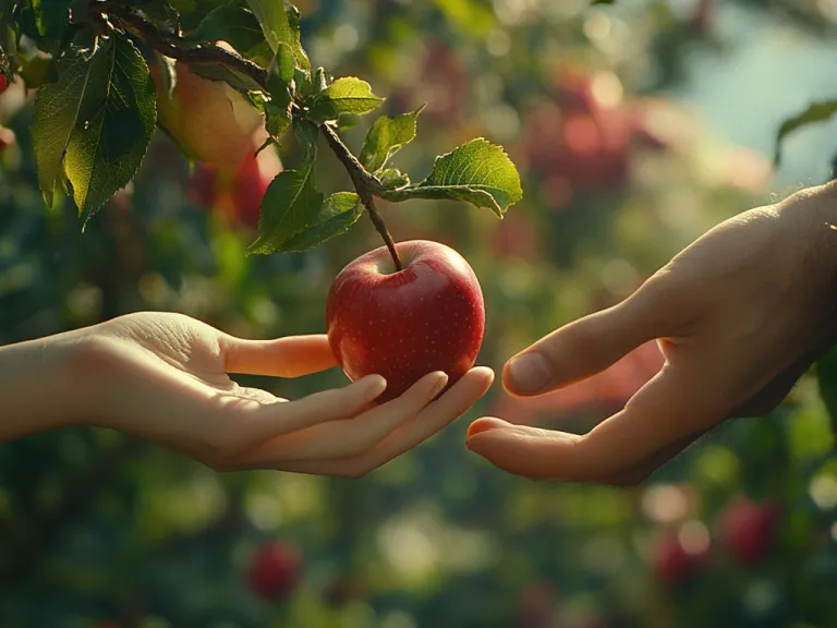 two hands and a red fruit on a tree
