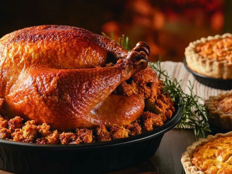 The apostle Paul explained that some animals were created to be eaten. a cooked turkey on a table beside a few pies