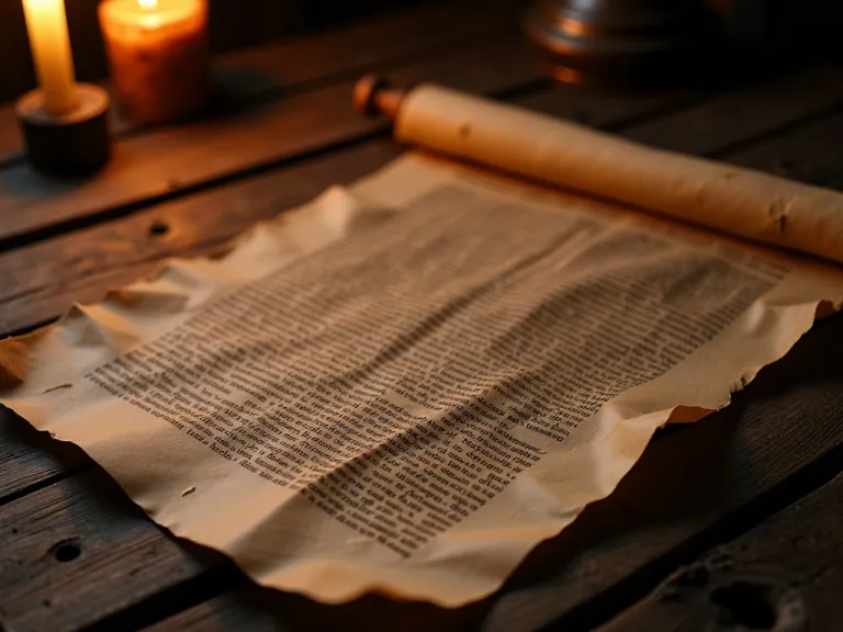 parchment with ancient writing on a wooden table with two candles beside it