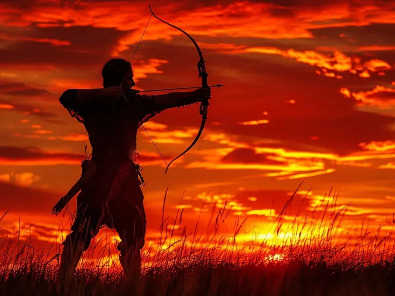 an archer silhouetted against an orange sunset sky