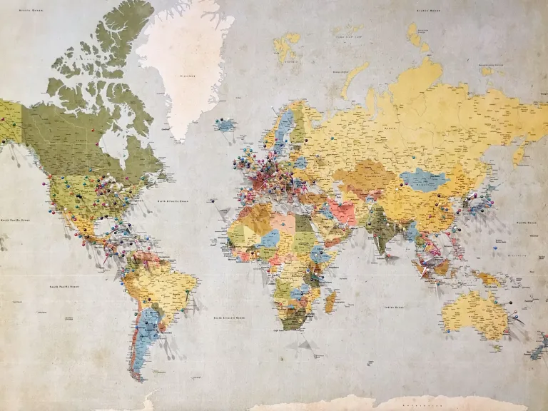 world map with pins