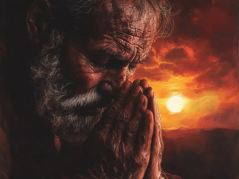 old man with hands folded in prayer and a sunset in the background