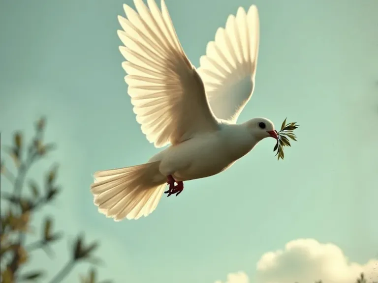 a dove with a leaf in its beak flying in a cloudy sky