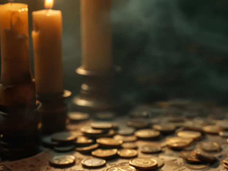 coins scattered across an old parchment with candles to the side