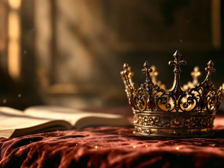 a crown on a red cloth beside an open book