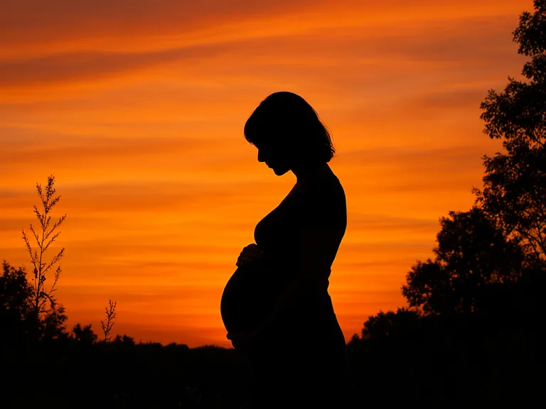 a silhouette of a pregnant woman against a sunset