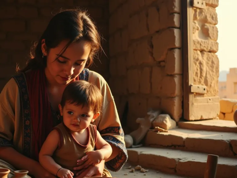 a woman and a boy inside a stone building