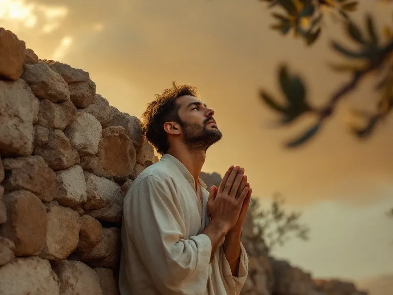 a man praying while kneeling outside against a stone wall