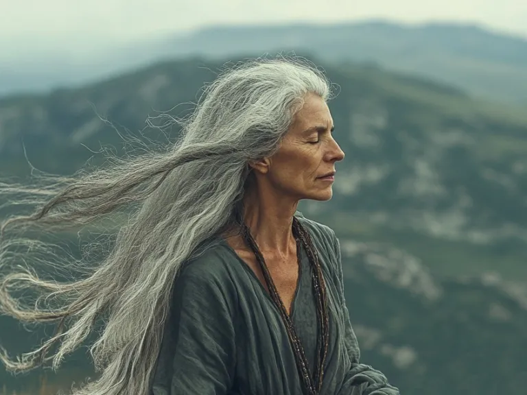 a woman with long gray hair blowing in the wind as she sits outdoors with rolling hills in the background