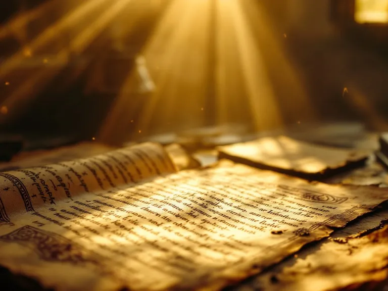 a light shining from above on a parchment with writing