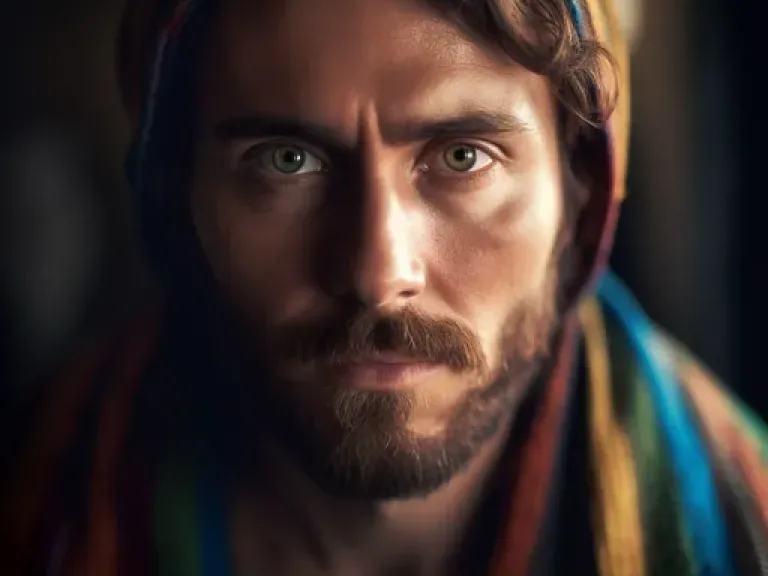 a young man wearing colorful clothing