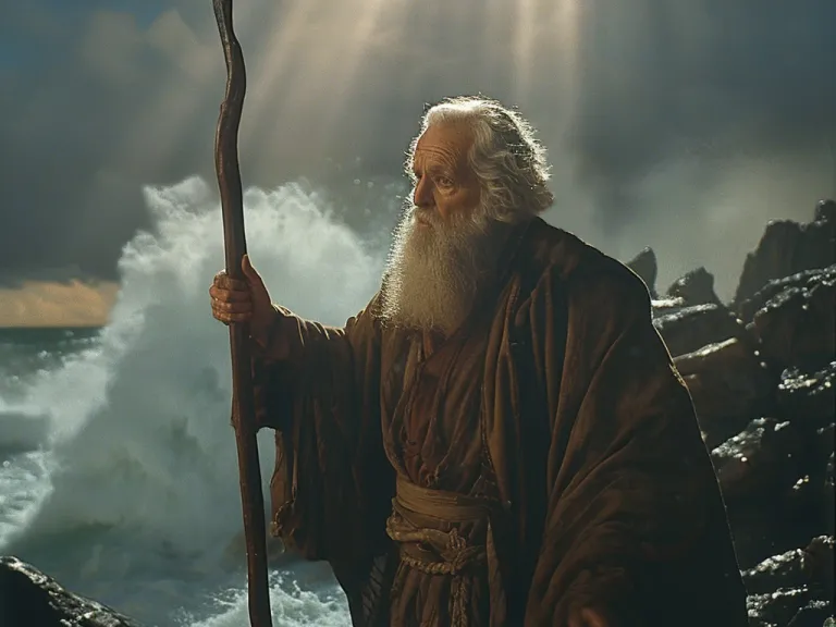 a man in long robes with a white beard and wooden staff parting the ocean
