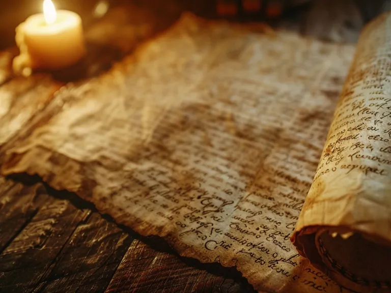 an open scroll on a wooden table beside some candles
