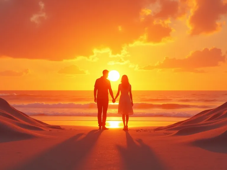 a silhouette of a man and woman against a orange sunset sky and landscape