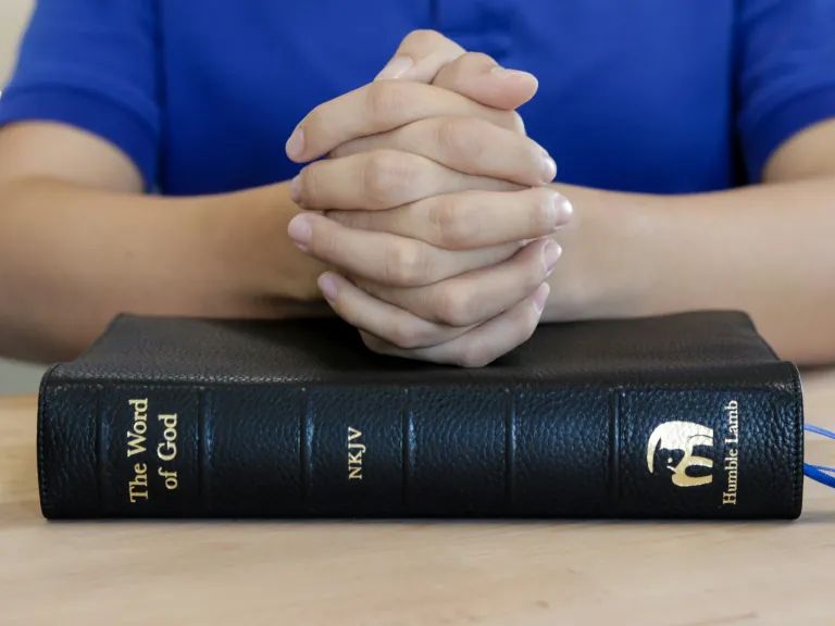 To become a new creation, something must die—our old self. a man's folded hands on top of a Bible