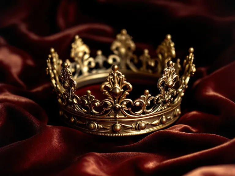 a gold crown displayed on red fabric