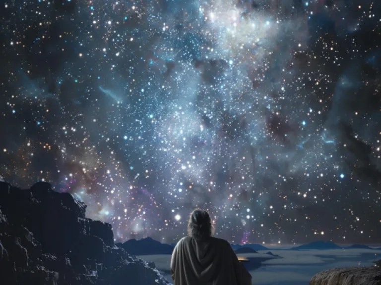 a man seated on the shore under a starry sky