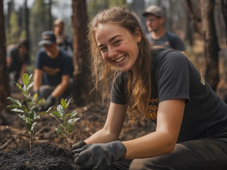 a woman planting a tree in a forest