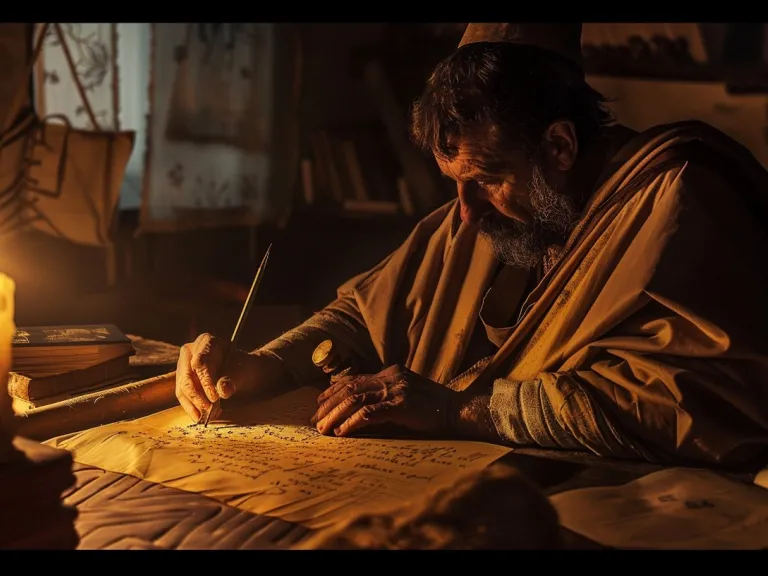 a man writing on parchment by candlelight