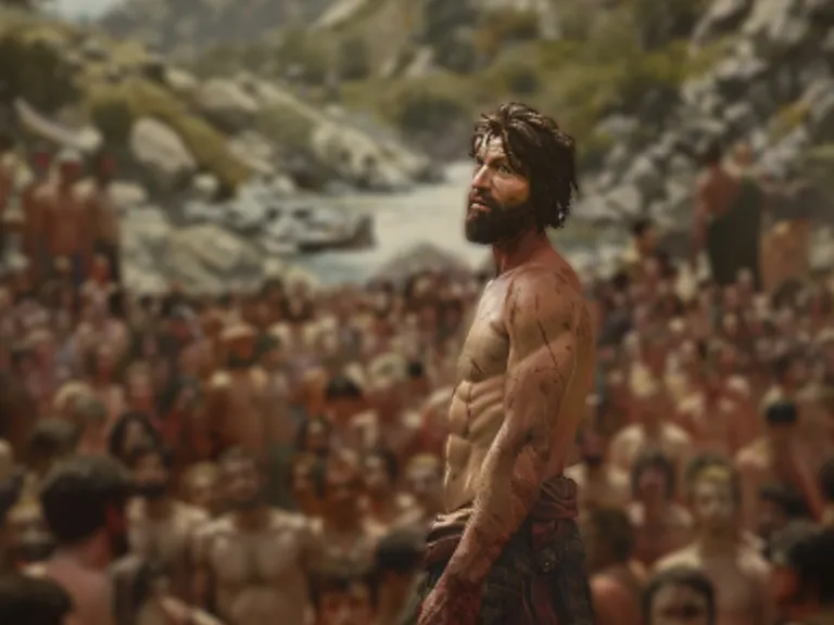 a man standing in the foreground with a crowd gathered behind him in the wilderness.