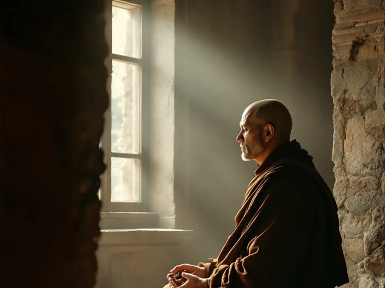 a kneeling man wearing plain robes inside a room with a light streaming from a window